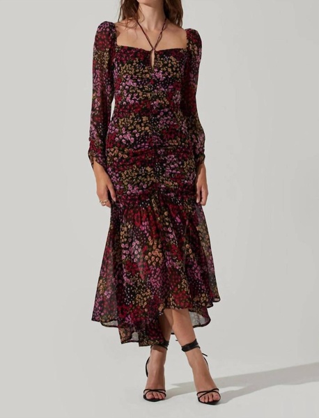 athena floral ruched long sleeve midi dress in brown purple ditsy