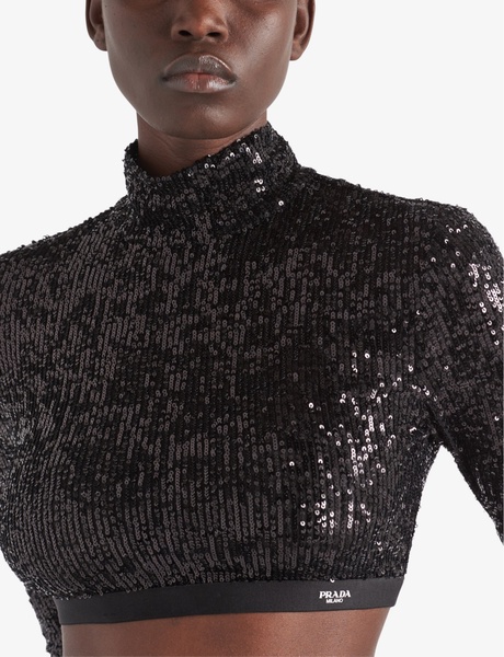 Sequin-embellished turtleneck woven top