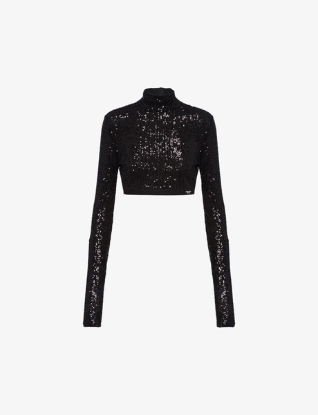 Sequin-embellished turtleneck woven top