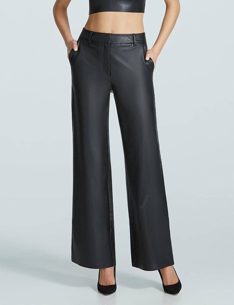 faux leather wide leg trouser in black