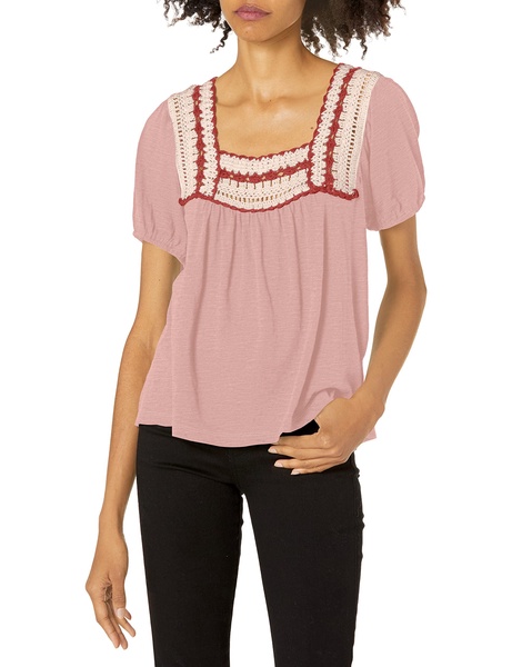 Lucky Brand Women's Short Sleeve Square Neck Crochet Top