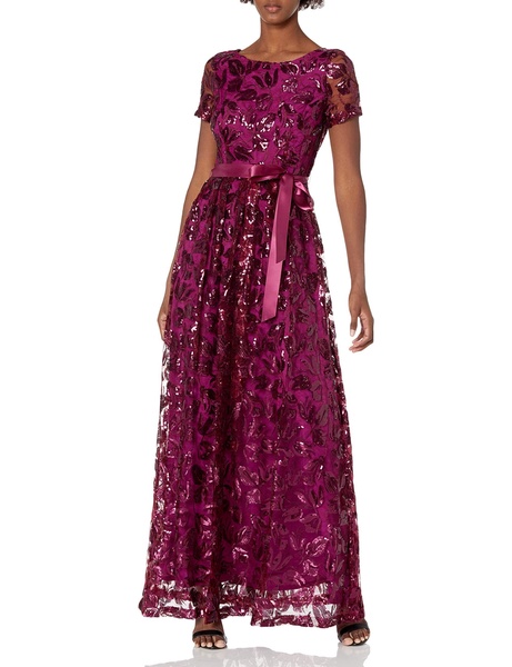 TAHARI Women's Short Sleeve Sequin Lace Gown