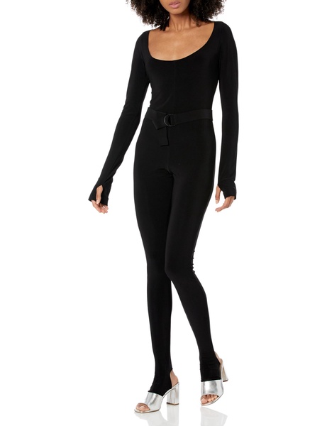 Norma Kamali womens Long Sleeve Deep Scoop Neck Catsuit W/Footie