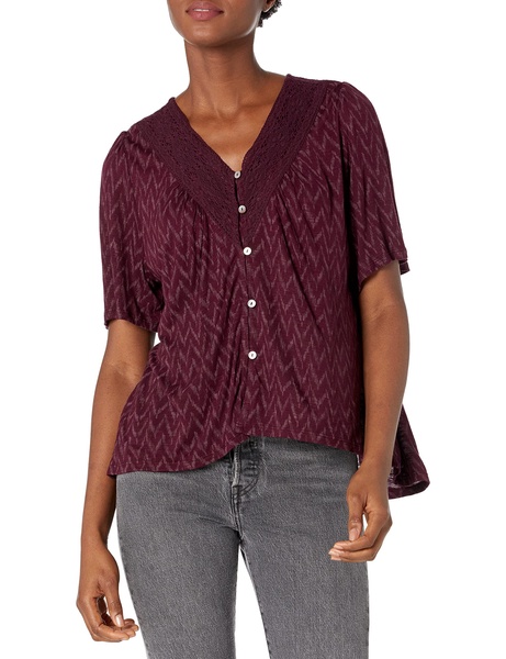 Lucky Brand Women's Flutter Sleeve Button Up Embroidered Boho Blouse