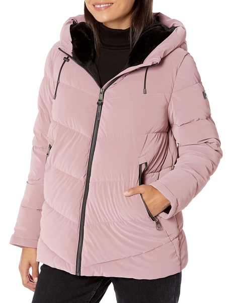 DKNY Women's Faux Fur Trim Hood Down Puffer Coat