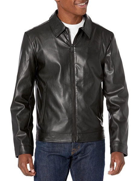 DKNY Men's Faux Leather Classic Laydown Collar Bomber Jacket