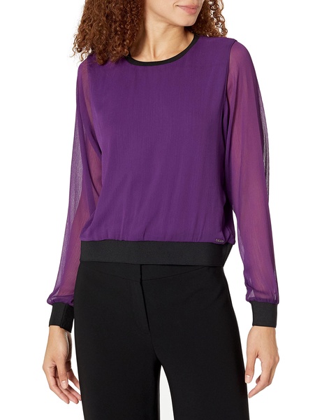 DKNY Women's Contrast Easy Sheer Sleeve Sportswear Top