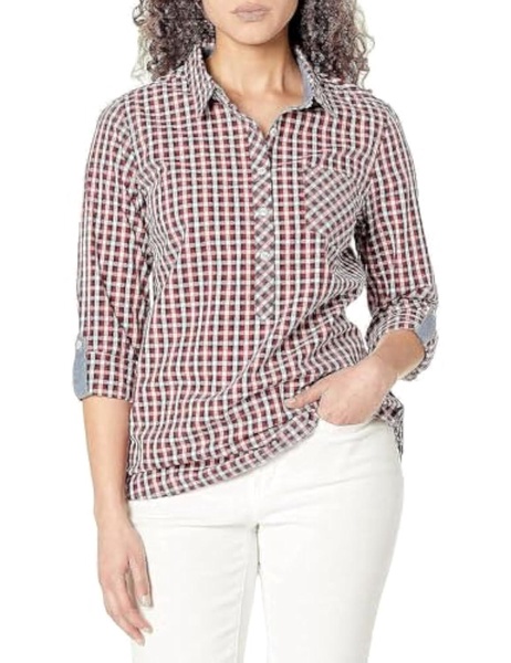 Tommy Hilfiger Women's Blouse Casual Check Roll Tab Sleeves Long Sleeve