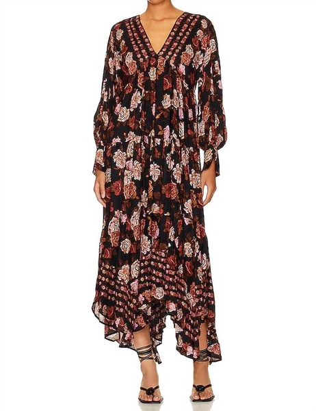 rows of roses maxi dress in black combo