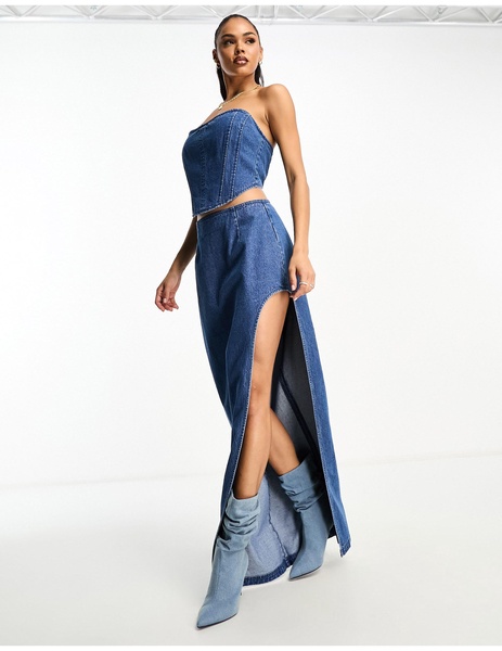 AFRM nadia denim maxi skirt in midwash blue with high rise slit - part of a set