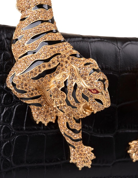 Black Large Roar Shoulder Bag With Jewelled Tigers