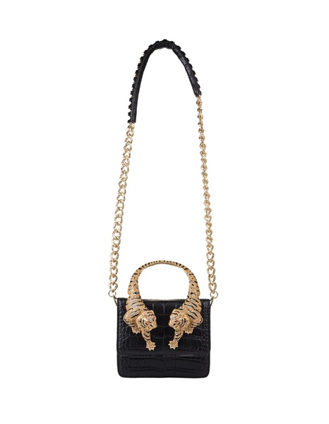 Black Medium Roar Shoulder Bag With Jewelled Tigers