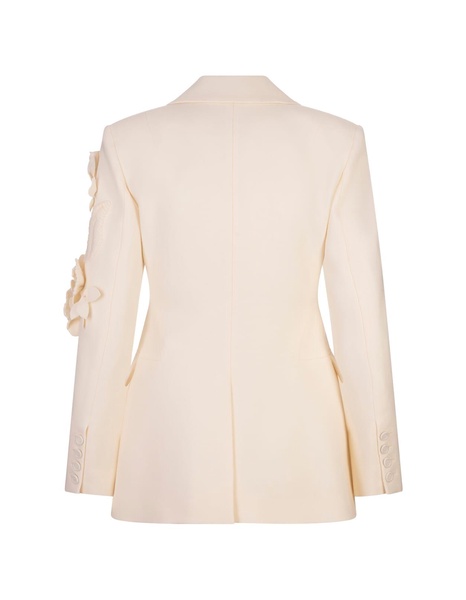 White Virgin Wool Blazer With Flower Appliqués