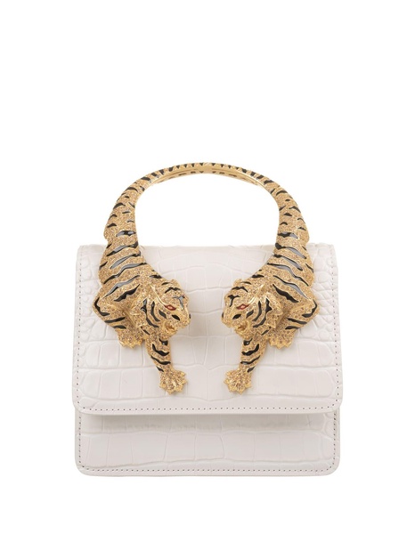 White Medium Roar Shoulder Bag With Jewelled Tigers