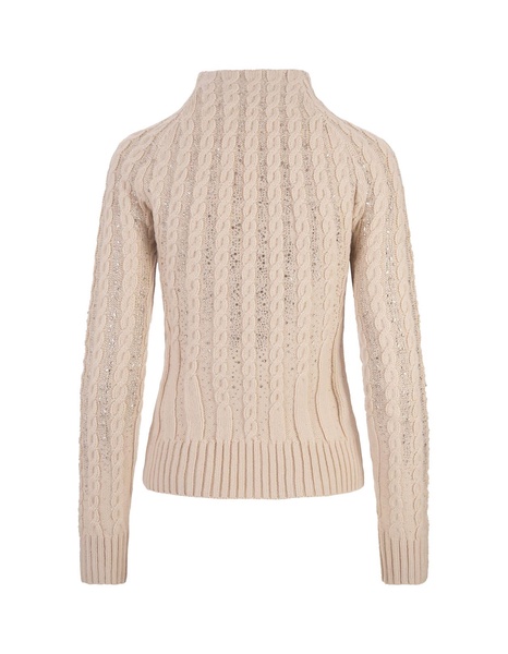 Rose Beige High-neck Sweater With Crystals