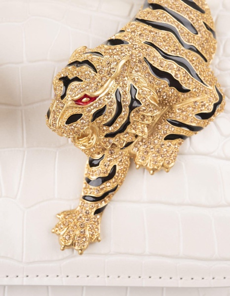 White Medium Roar Shoulder Bag With Jewelled Tigers