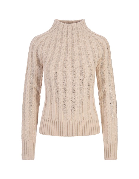 Rose Beige High-neck Sweater With Crystals