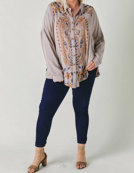 floral printed button down long sleeve tunic plus in taupe