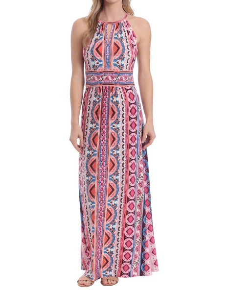 morris geometric maxi dress in white/pink