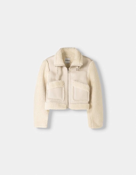 Bershka shearling and faux leather jacket in cream