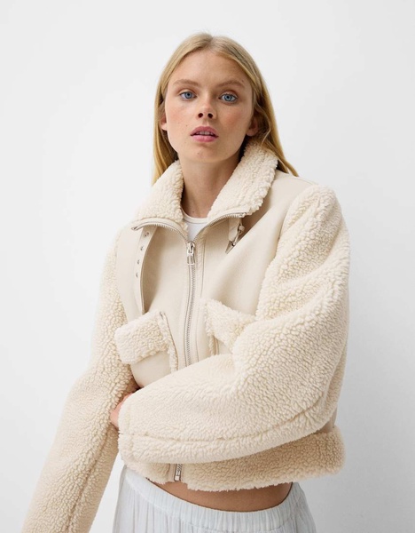 Bershka shearling and faux leather jacket in cream