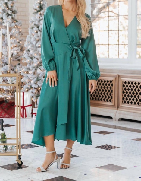 satin wrap maxi dress in green