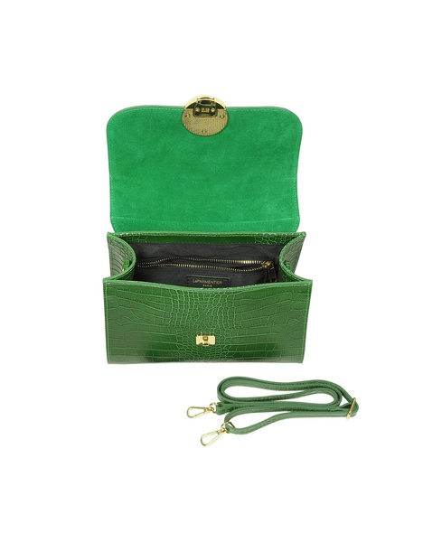 Bombo Croco Embossed Leather Top-Handle Satchel Bag W/Strap - Green