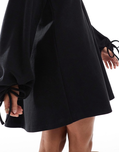 ASOS DESIGN supersoft v-neck flare hem skirt mini dress with tie sleeve in black