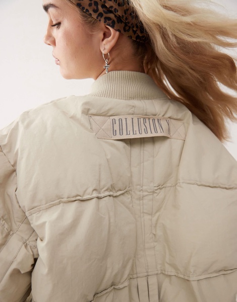 COLLUSION oversized bomber jacket with branding in ecru