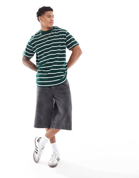 Brave Soul oversized high neck striped T-shirt in dark green & white