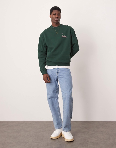 ASOS DESIGN oversized sweatshirt with chest embroidery and mountain back print in dark green