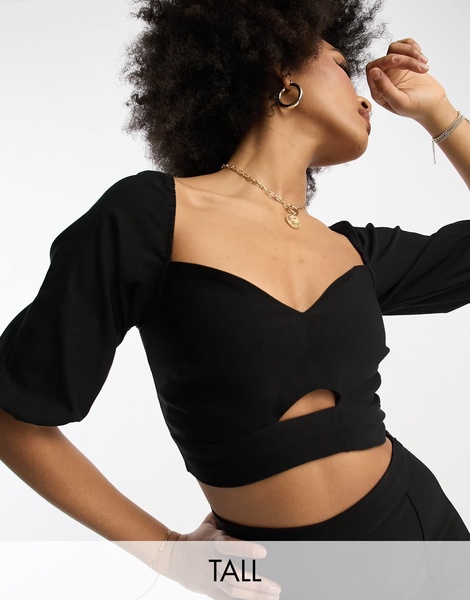 Vesper Tall puff sleeve crop top in black - part of a set