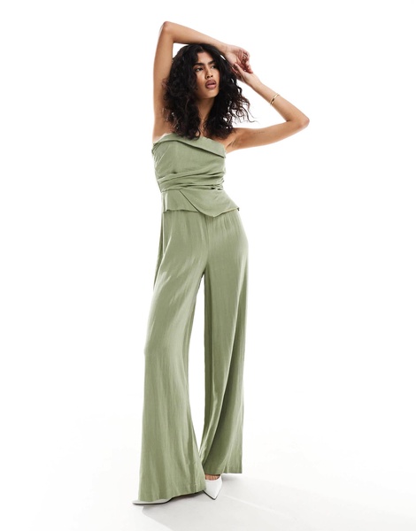 ASOS DESIGN drape detail bandeau jumpsuit in khaki linen mix