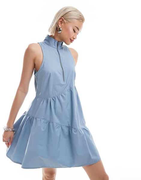 COLLUSION cotton asymmetric mini smock dress with zip detail in blue