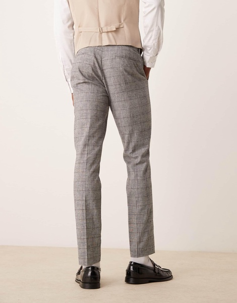 ASOS DESIGN skinny with linen suit pants in gray prince of wales check