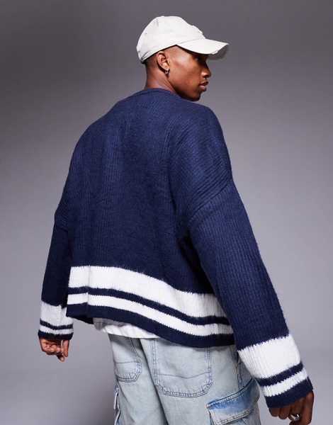 ASOS DESIGN super oversized boxy fit fluffy knitted sweater in navy with white tipping