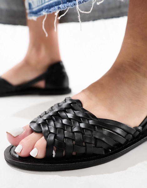 ASOS DESIGN Francis leather woven flat sandals in black