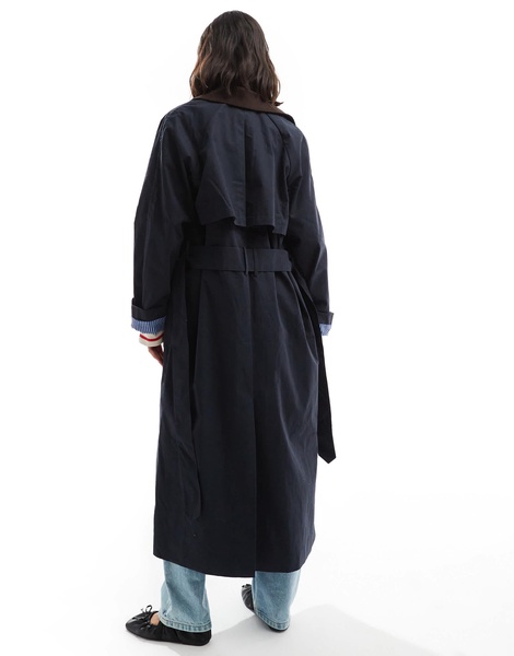 ASOS DESIGN cord collar trench coat in navy