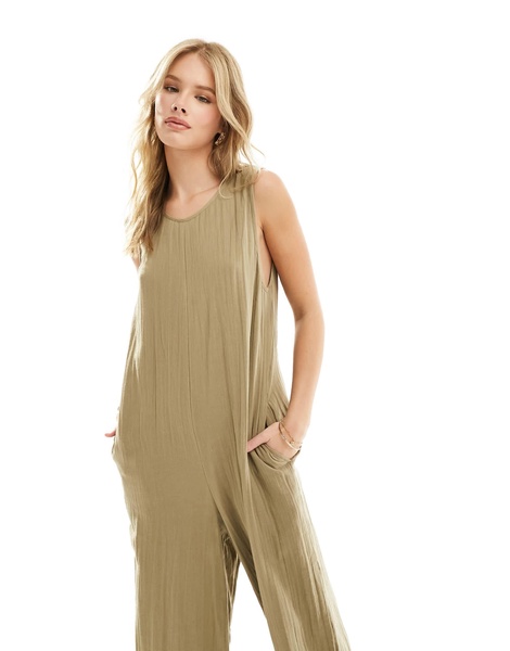 ASOS DESIGN crew neck culotte jumpsuit in taupe