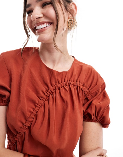 ASOS DESIGN puff sleeve mini smock dress with ruching detail in rust