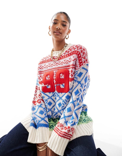 ASOS DESIGN oversized patchwork fairisle festive sweater in blue and red