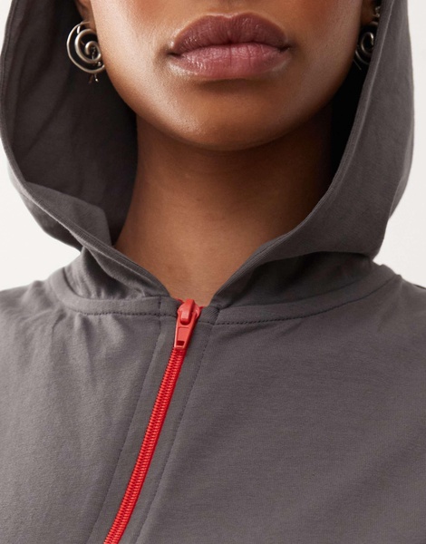 COLLUSION fitted asymmetric zip through hooded moto top with red panel in gray - part of a set