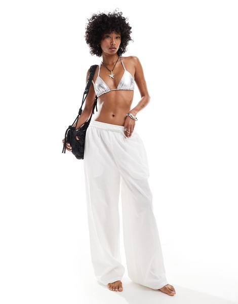 COLLUSION elastic waist linen look beach pants in white