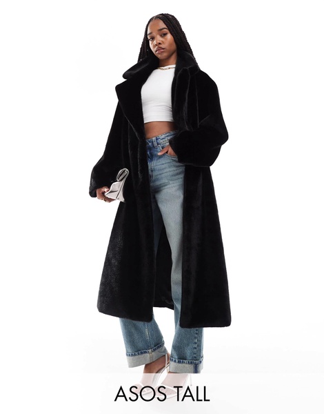 ASOS DESIGN Tall longline chuck on faux fur coat in black