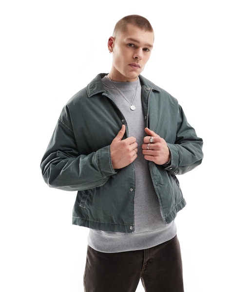 ASOS DESIGN oversized cropped jacket with contrast stitch and wash in green