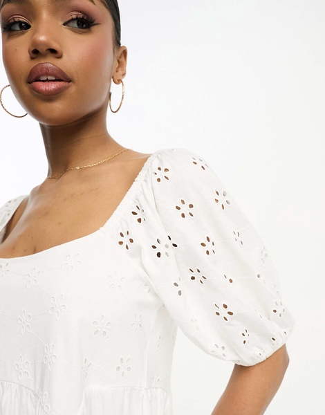 ASOS DESIGN eyelet mini smock dress with curve seam in white