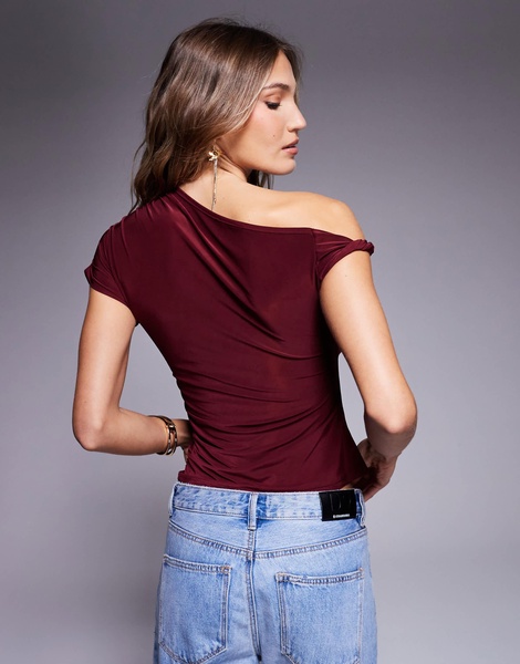 ASOS DESIGN slinky twist one shoulder top in burgundy