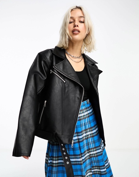 COLLUSION ultimate oversized faux leather biker jacket in black