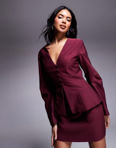 ASOS DESIGN tailored cinch waist jacket in burgundy - part of a set