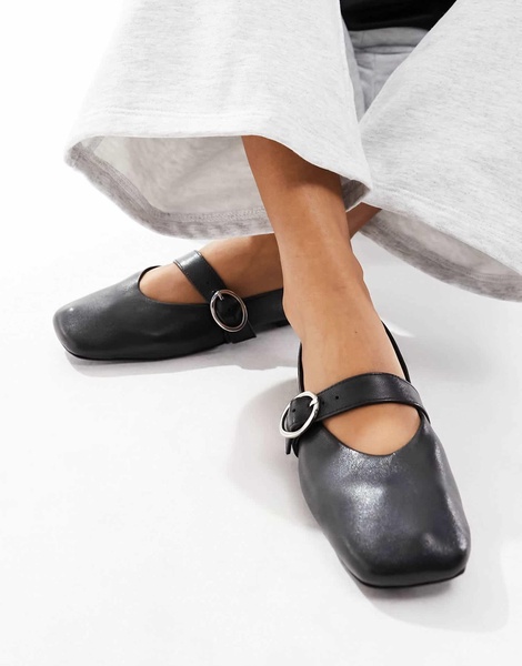 ASOS DESIGN Wide Fit Luxe Premium Leather Mary Jane ballet flats in Black